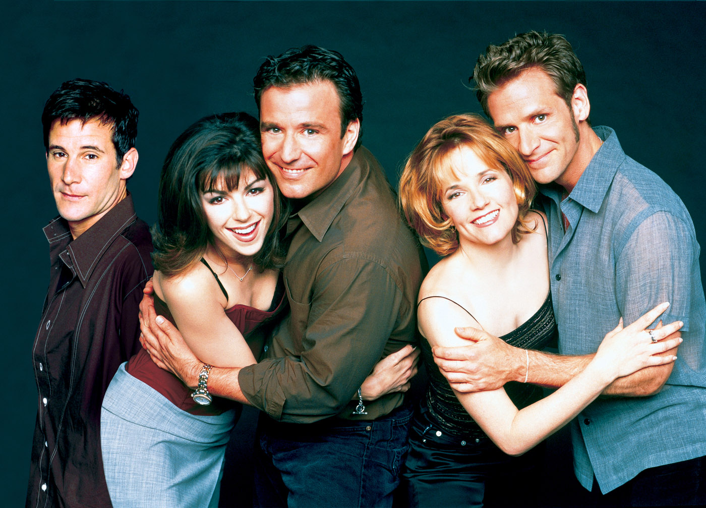 Lea Thompson, Amy Pietz, Eric Lutes, Andy Lauer and Malcolm Gets in Caroline in the City