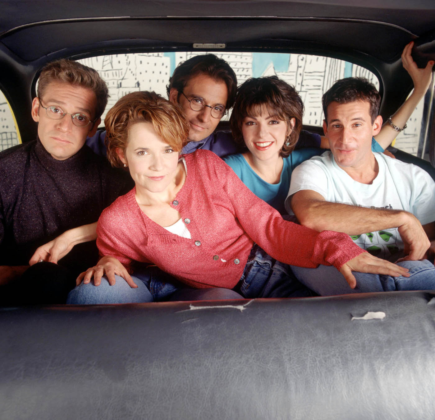 Lea Thompson, Amy Pietz, Eric Lutes, Andy Lauer and Malcolm Gets in Caroline in the City